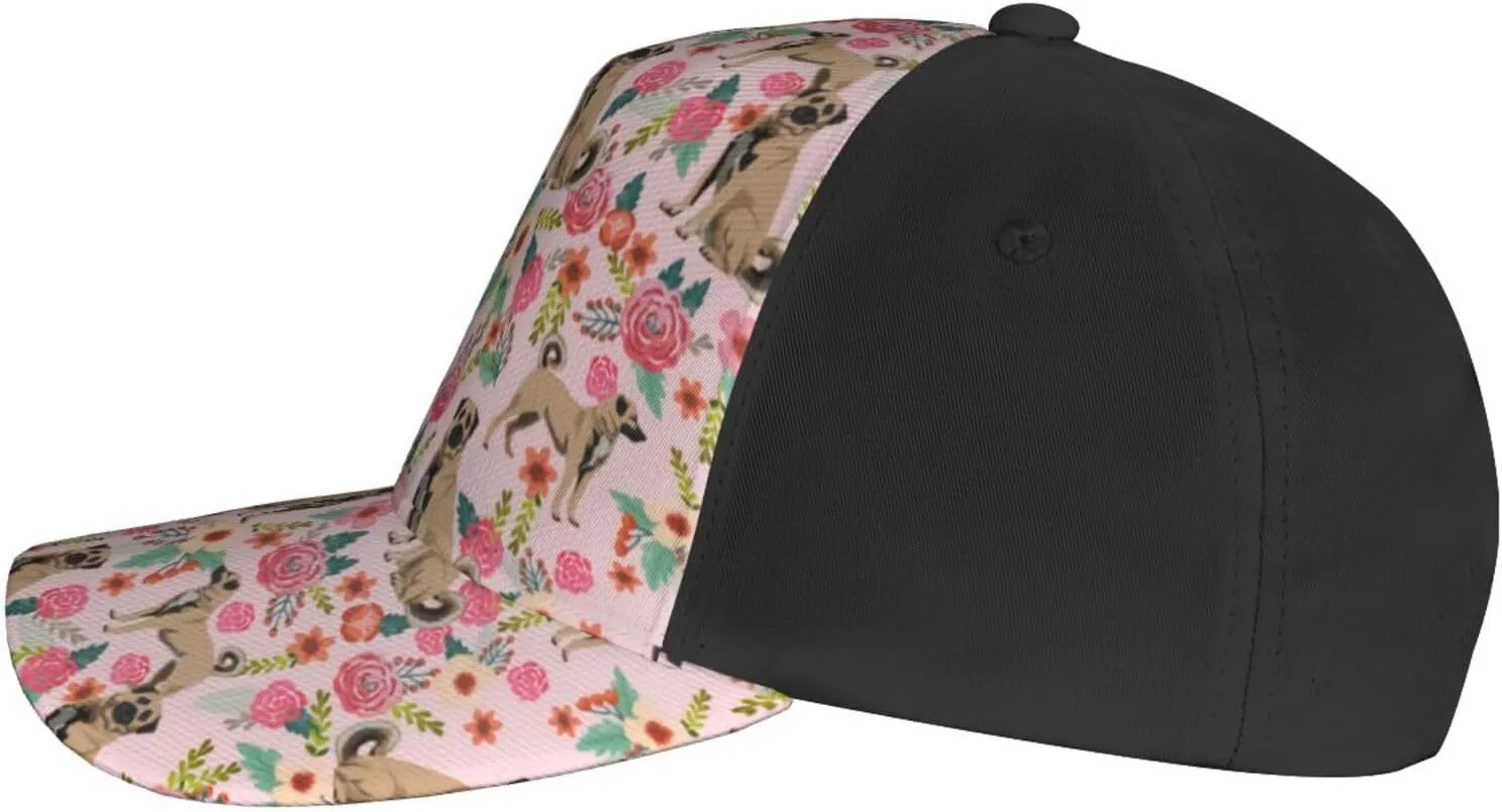 Cute Dog Lovers Flowers Florals Print Baseball Caps Adjustable Curved Brim Sun Baseball Hat for Women Men