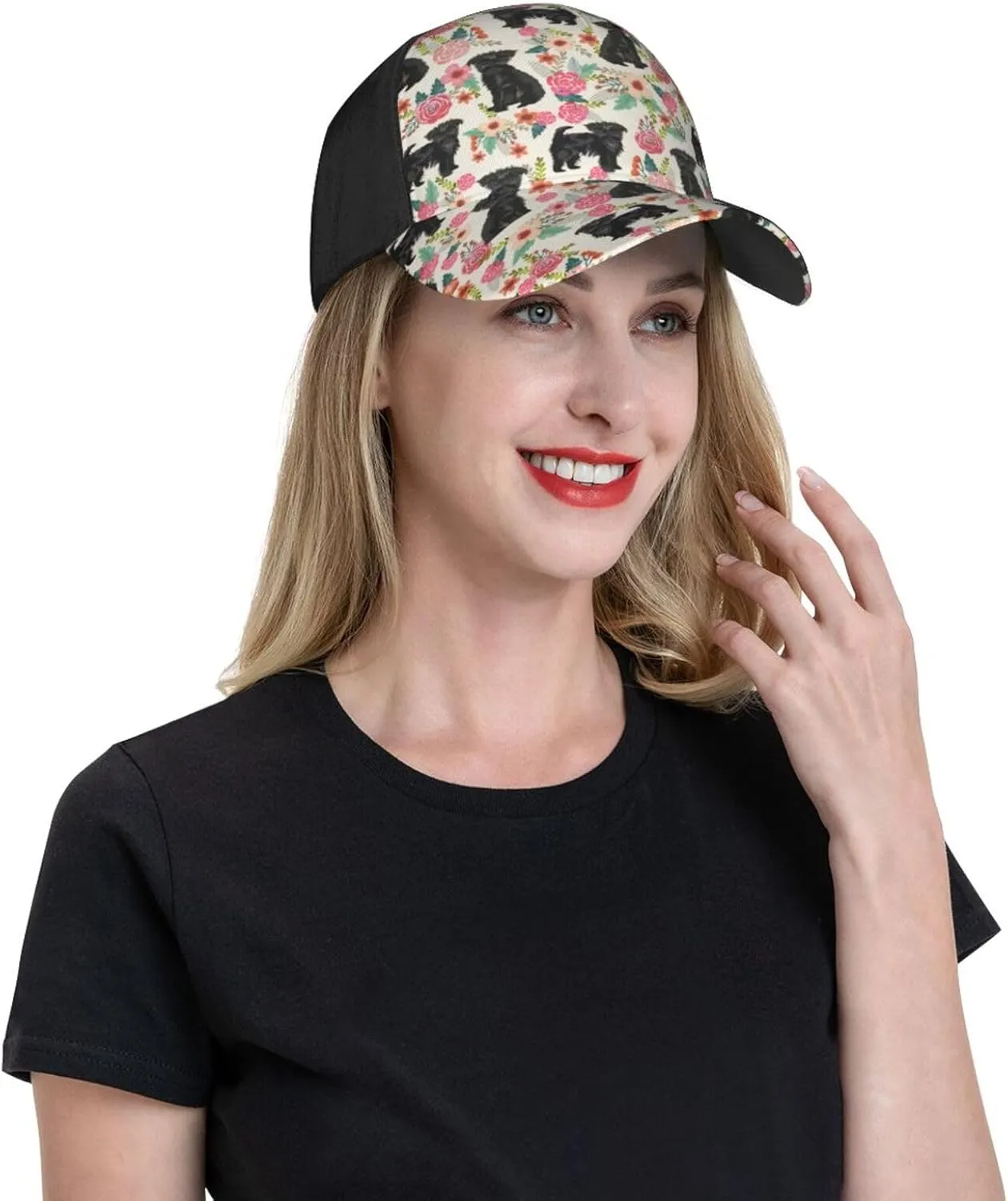 Cute Dog Lovers Flowers Florals Print Baseball Caps Adjustable Curved Brim Sun Baseball Hat for Women Men