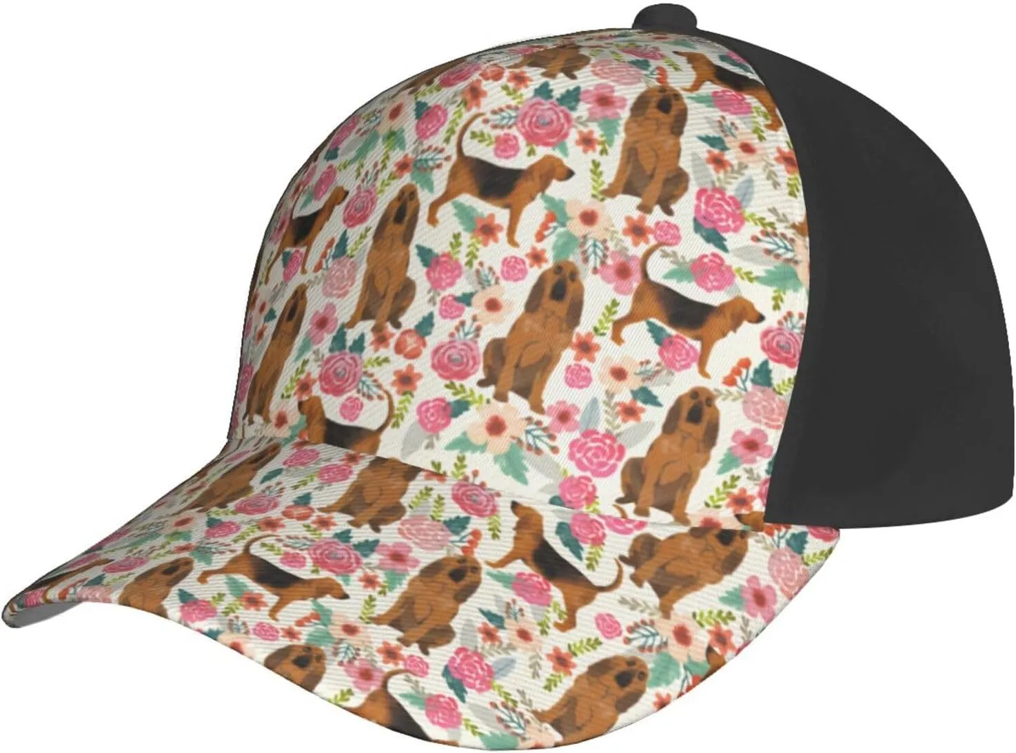 Cute Dog Lovers Flowers Florals Print Baseball Caps Adjustable Curved Brim Sun Baseball Hat for Women Men