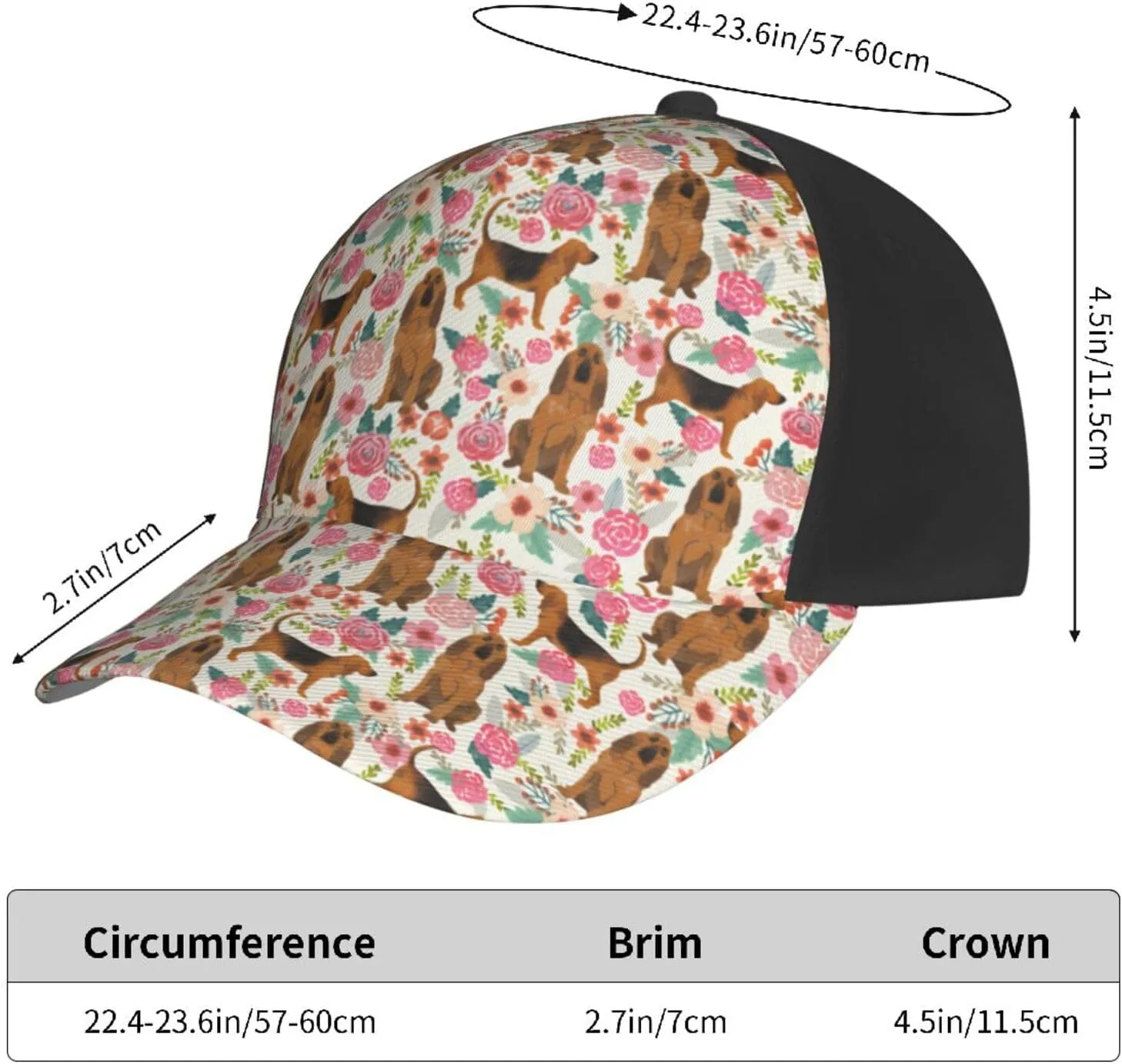 Cute Dog Lovers Flowers Florals Print Baseball Caps Adjustable Curved Brim Sun Baseball Hat for Women Men