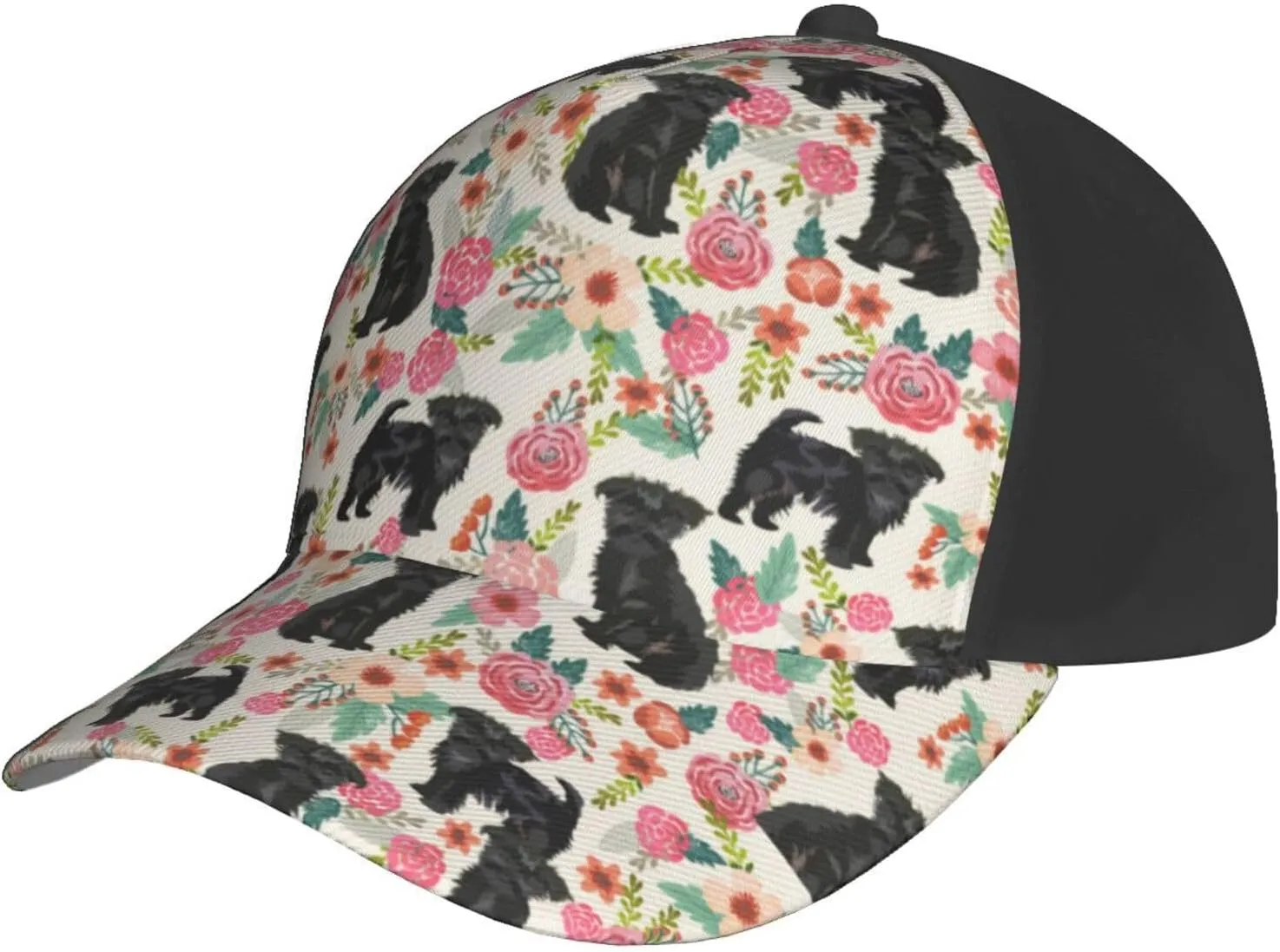 Cute Dog Lovers Flowers Florals Print Baseball Caps Adjustable Curved Brim Sun Baseball Hat for Women Men