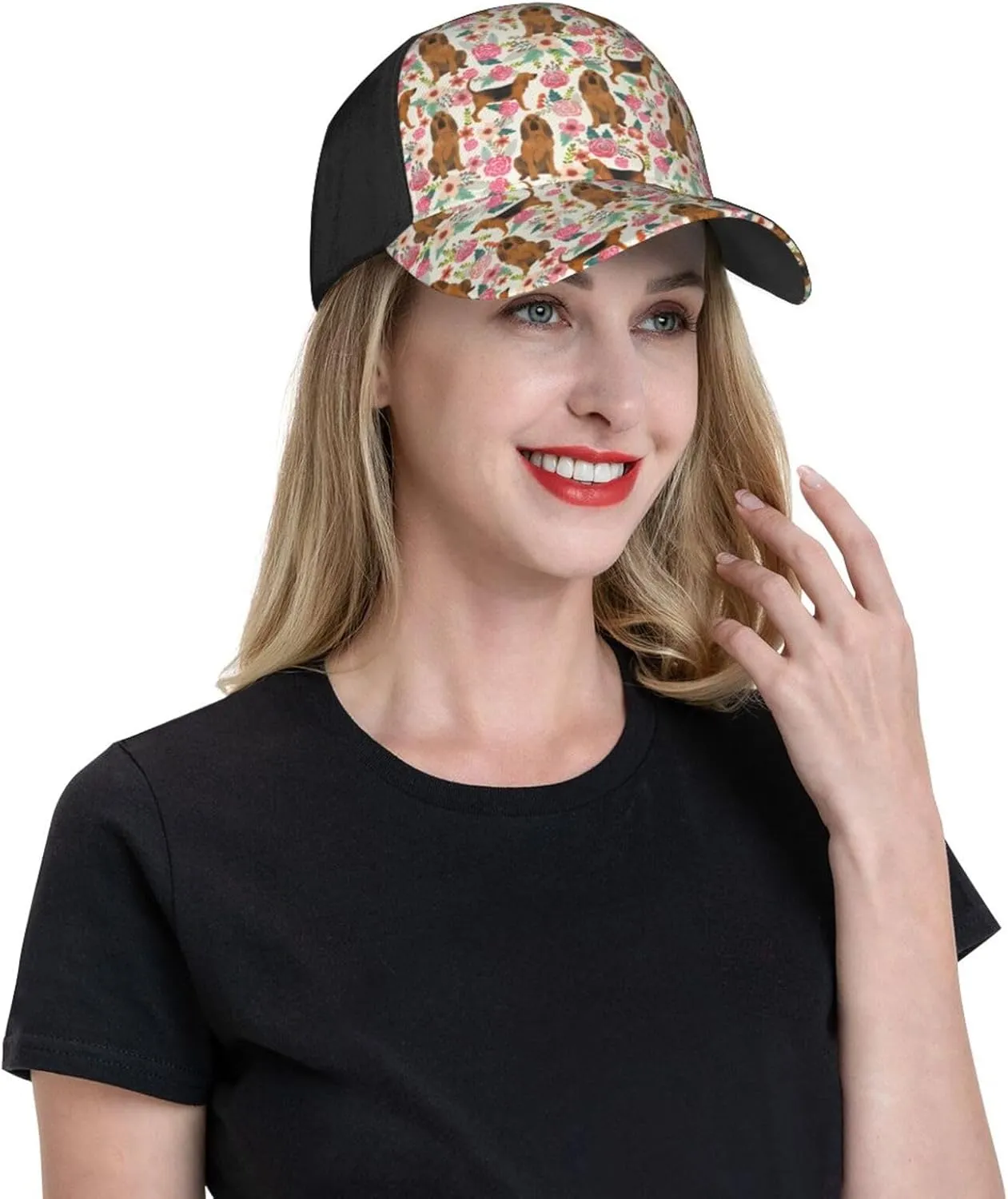 Cute Dog Lovers Flowers Florals Print Baseball Caps Adjustable Curved Brim Sun Baseball Hat for Women Men