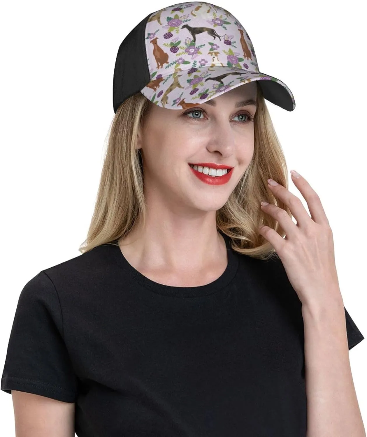 Cute Dog Lovers Flowers Florals Print Baseball Caps Adjustable Curved Brim Sun Baseball Hat for Women Men