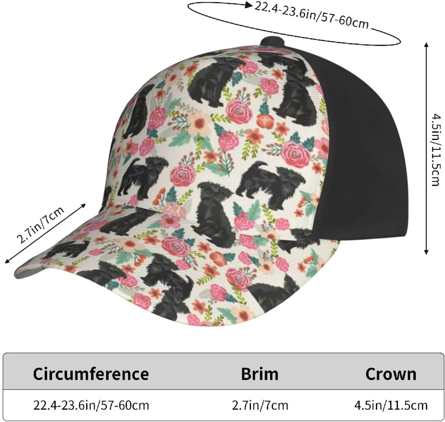 Cute Dog Lovers Flowers Florals Print Baseball Caps Adjustable Curved Brim Sun Baseball Hat for Women Men