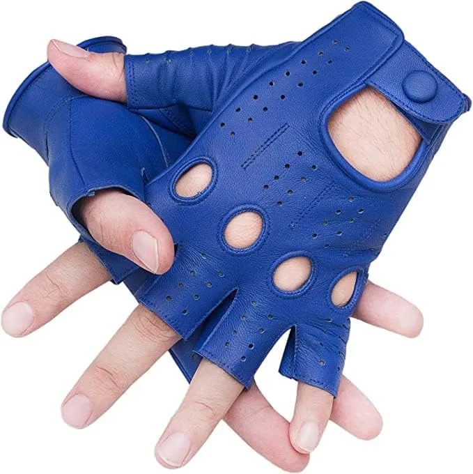 GeRRiT Men's Genuine Sheep Leather Half Finger Driving Cycling Motorbike Exercise and Fitness Fingerless Unlined Gloves, Large, Blue