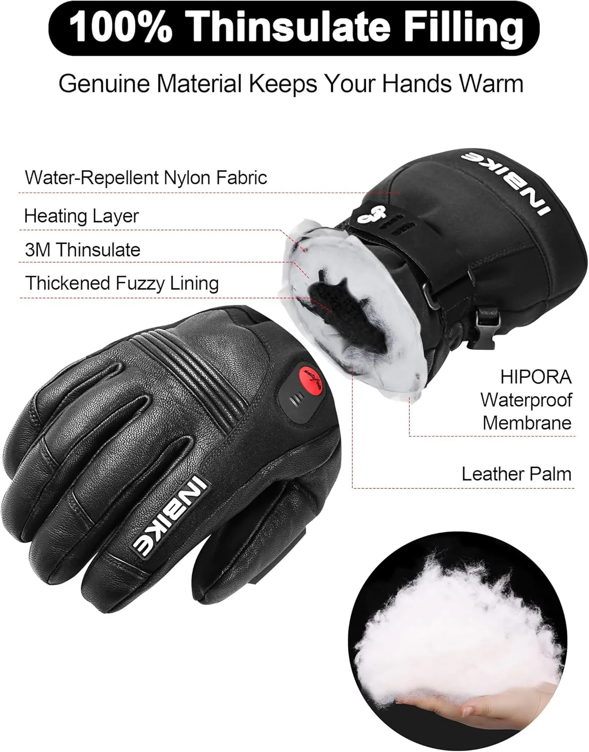 KUTOOK Heated Gloves with 7.4V Battery 22.2WH Made of Goatskin Leather for Motorcycle Skiing Snowboarding Works up to 2.5-5 Hours