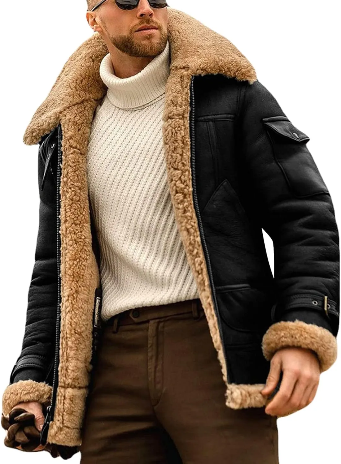 Maiyifu-GJ Men Retro Sherpa Fleece Lined Jacket Faux Pu Leather Winter Lapel Trucker Jacket Vintage Full-Zip Windbreaker Coat (Black,5X-Large)