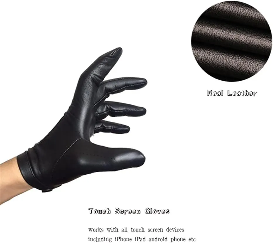 Men Unlined Wrist Button One Whole Piece Of Sheep Leather Touch Screen Winter Gloves (Black, Brown)