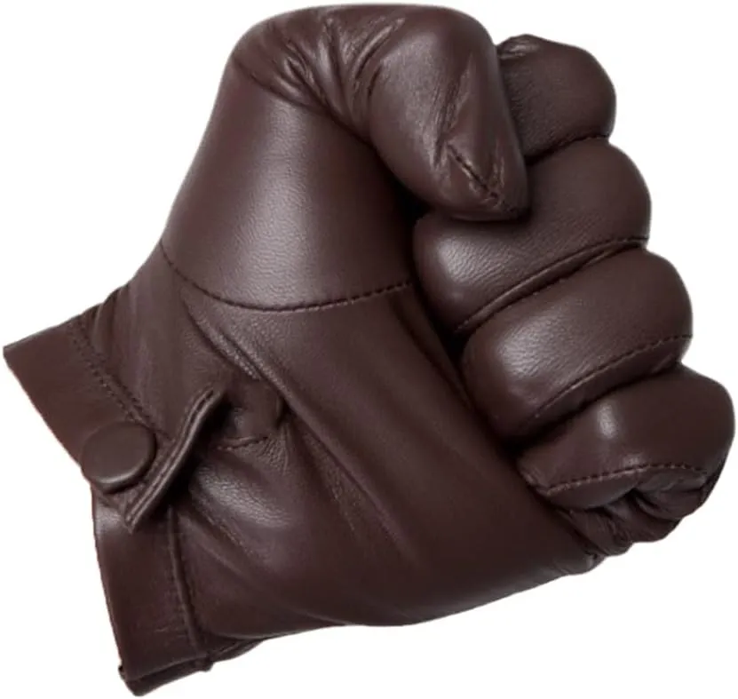 Men Unlined Wrist Button One Whole Piece Of Sheep Leather Touch Screen Winter Gloves (Black, Brown)