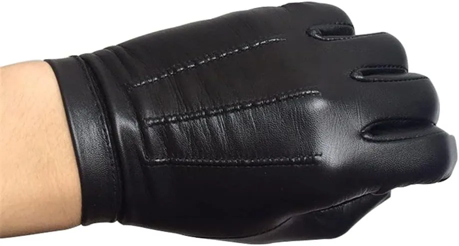 Men Unlined Wrist Button One Whole Piece Of Sheep Leather Touch Screen Winter Gloves (Black, Brown)