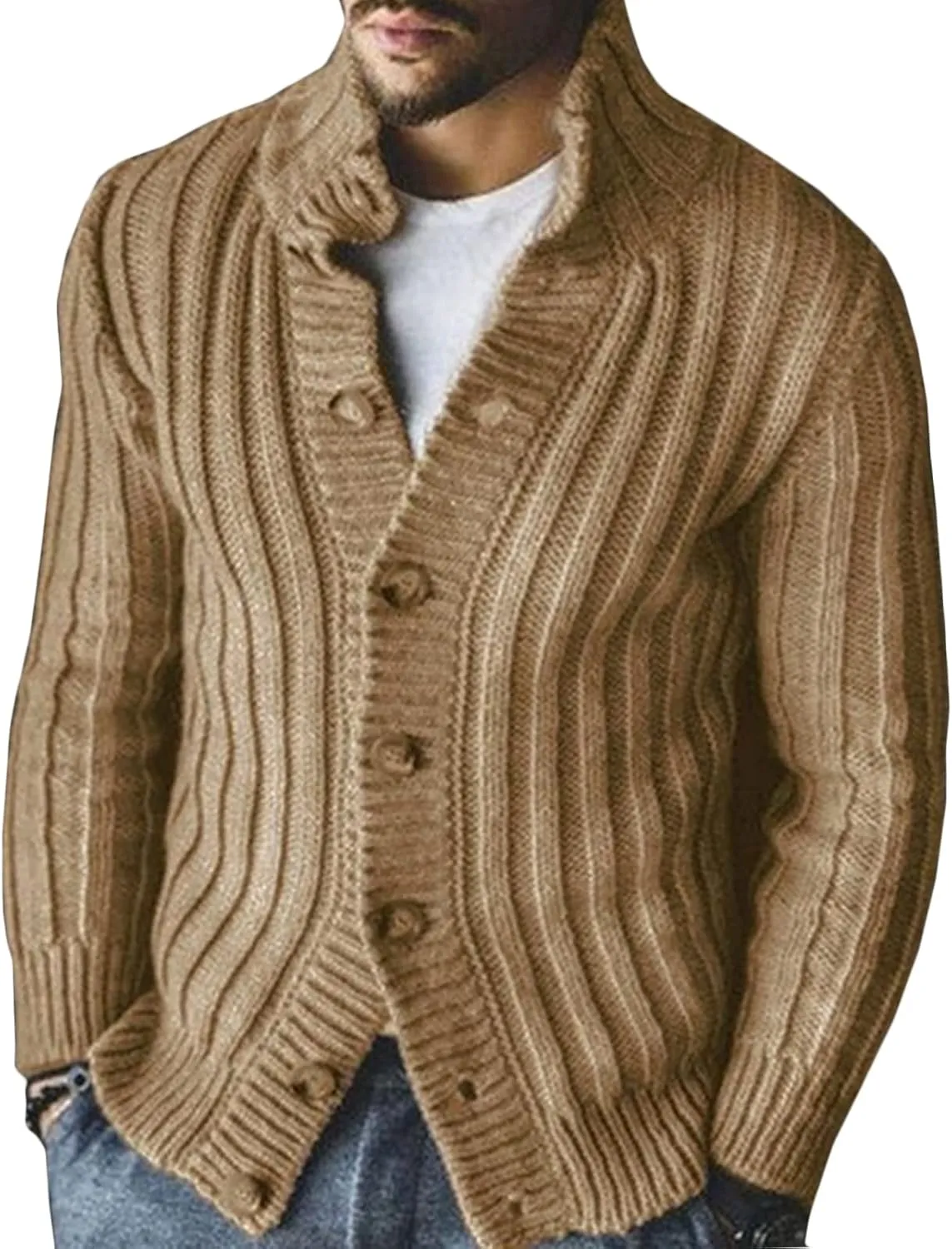 Mens Cable Knit Cardigan Sweaters Long Sleeve Stand Collar Knitted Sweater Casual Loose Fit Button Down Cardigans