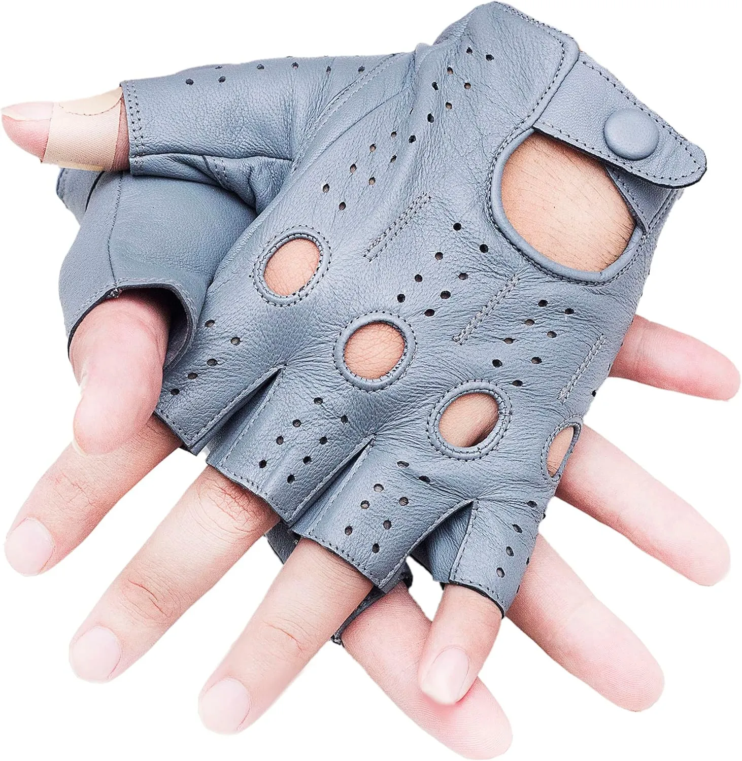 Men's Genuine Sheep Leather Half Finger Driving Cycling Motorbike Exercise and Fitness Fingerless Unlined Gloves