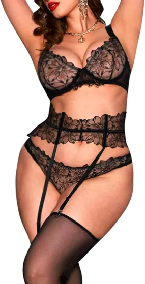 MOOLIGIRL Garter Lingerie Set for Women - 4 Piece Lace Teddy Babydoll Sets, Bra   Panty   Garter Belt and Thigh Highs Set