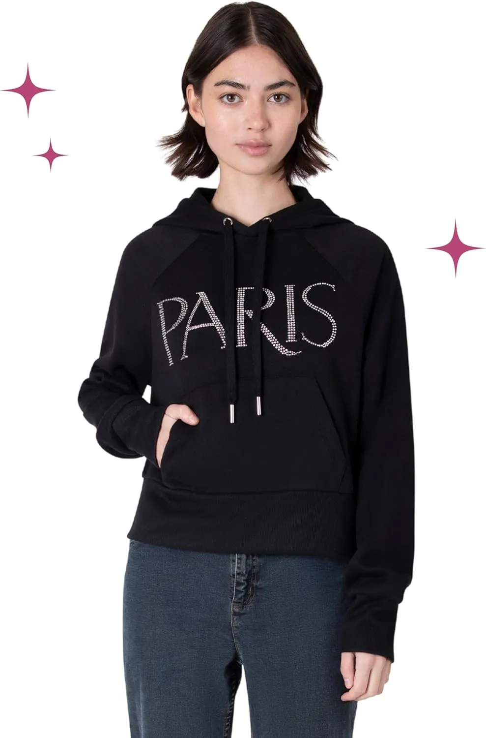 Paris Hilton Women's Embellished PARIS Pullover Sweatshirt Hoodie, Black