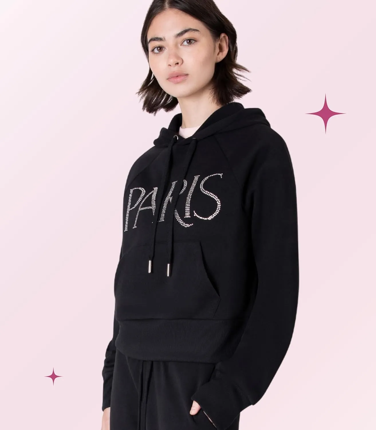 Paris Hilton Women's Embellished PARIS Pullover Sweatshirt Hoodie, Black