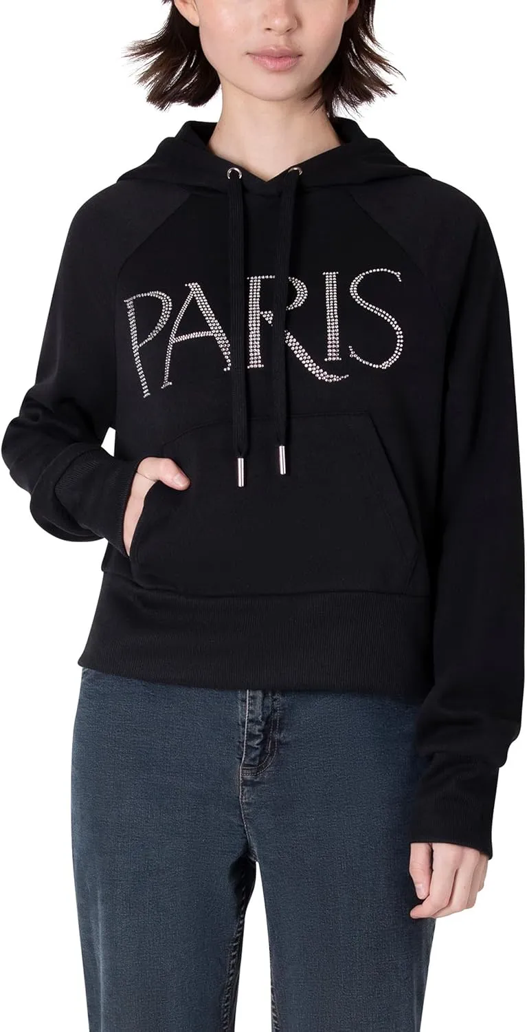 Paris Hilton Women's Embellished PARIS Pullover Sweatshirt Hoodie, Black
