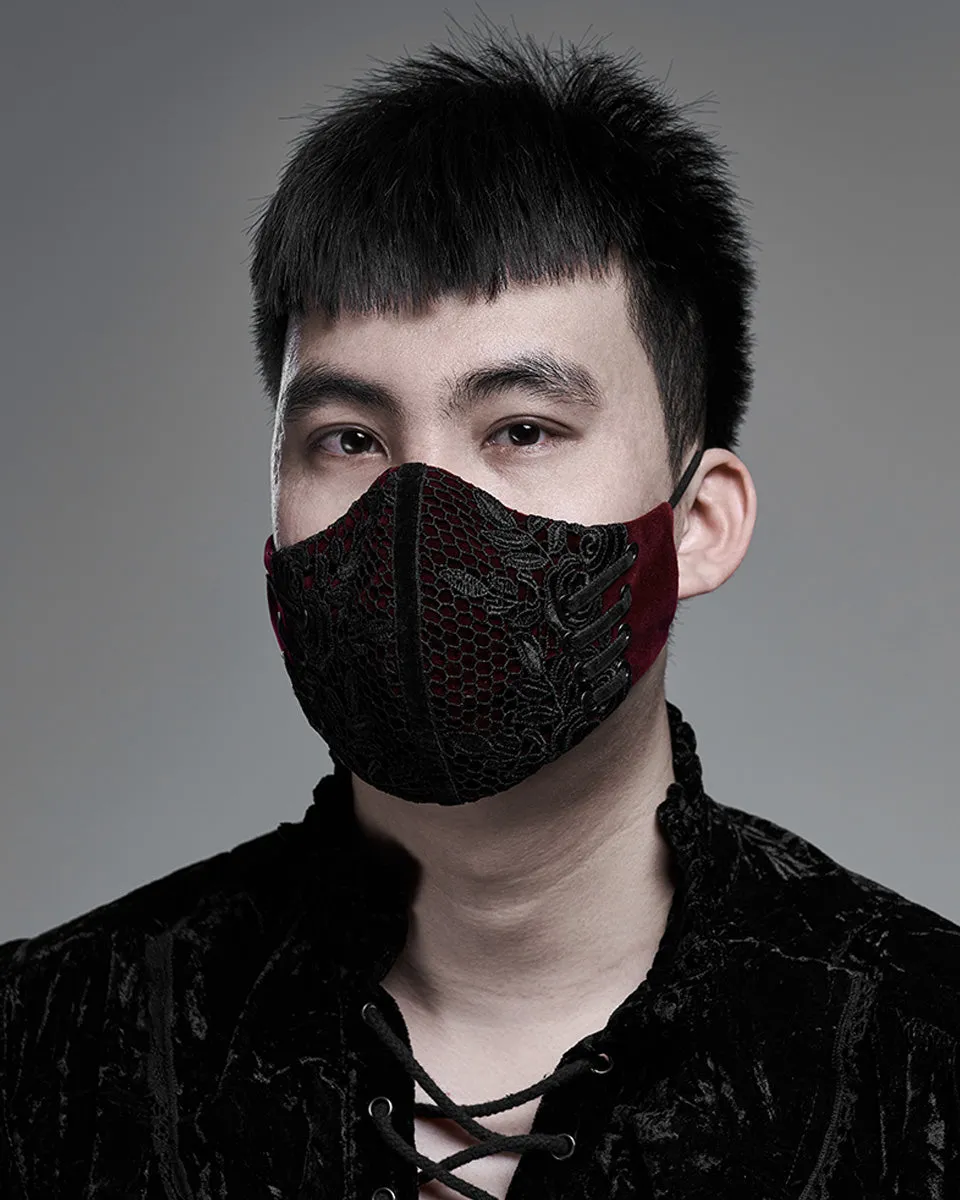 Punk Rave Gothic Velvet Lace Applique Face Cover Mask - Red & Black