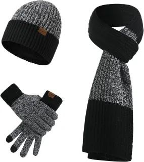 tuduoms Knitted Beanie Hat Scarf Touch Screen Gloves Winter Set Themal Gloves Set Thick Hat Mittens 3 in 1 for Cold Weather