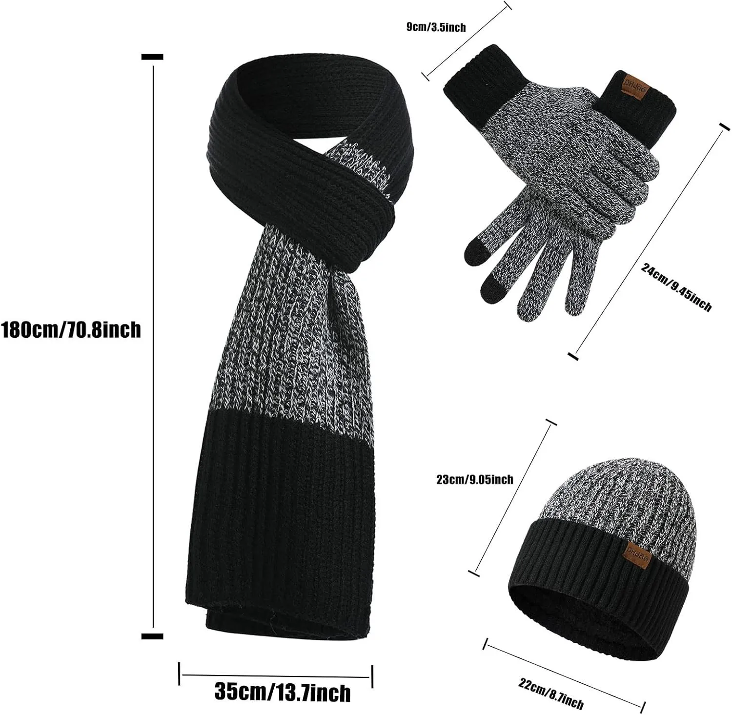 tuduoms Knitted Beanie Hat Scarf Touch Screen Gloves Winter Set Themal Gloves Set Thick Hat Mittens 3 in 1 for Cold Weather