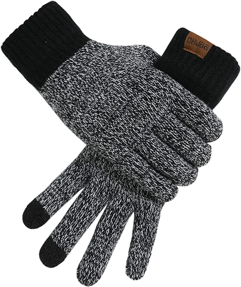 tuduoms Knitted Beanie Hat Scarf Touch Screen Gloves Winter Set Themal Gloves Set Thick Hat Mittens 3 in 1 for Cold Weather