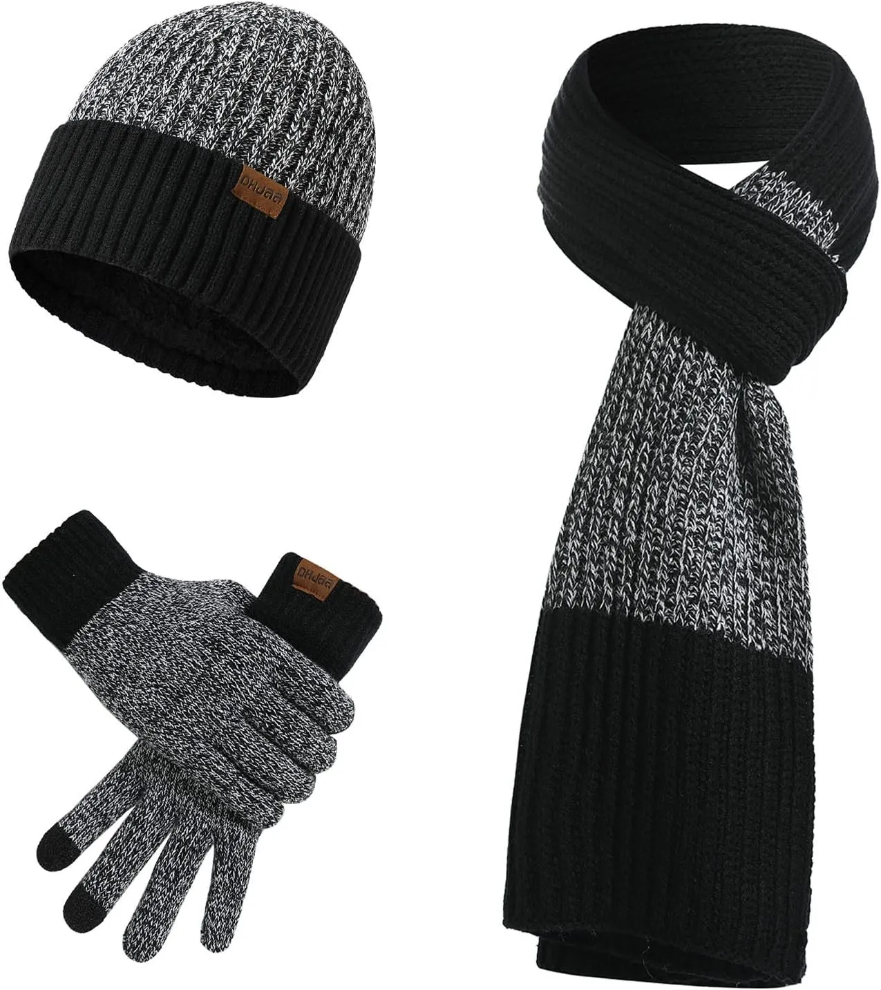 tuduoms Knitted Beanie Hat Scarf Touch Screen Gloves Winter Set Themal Gloves Set Thick Hat Mittens 3 in 1 for Cold Weather