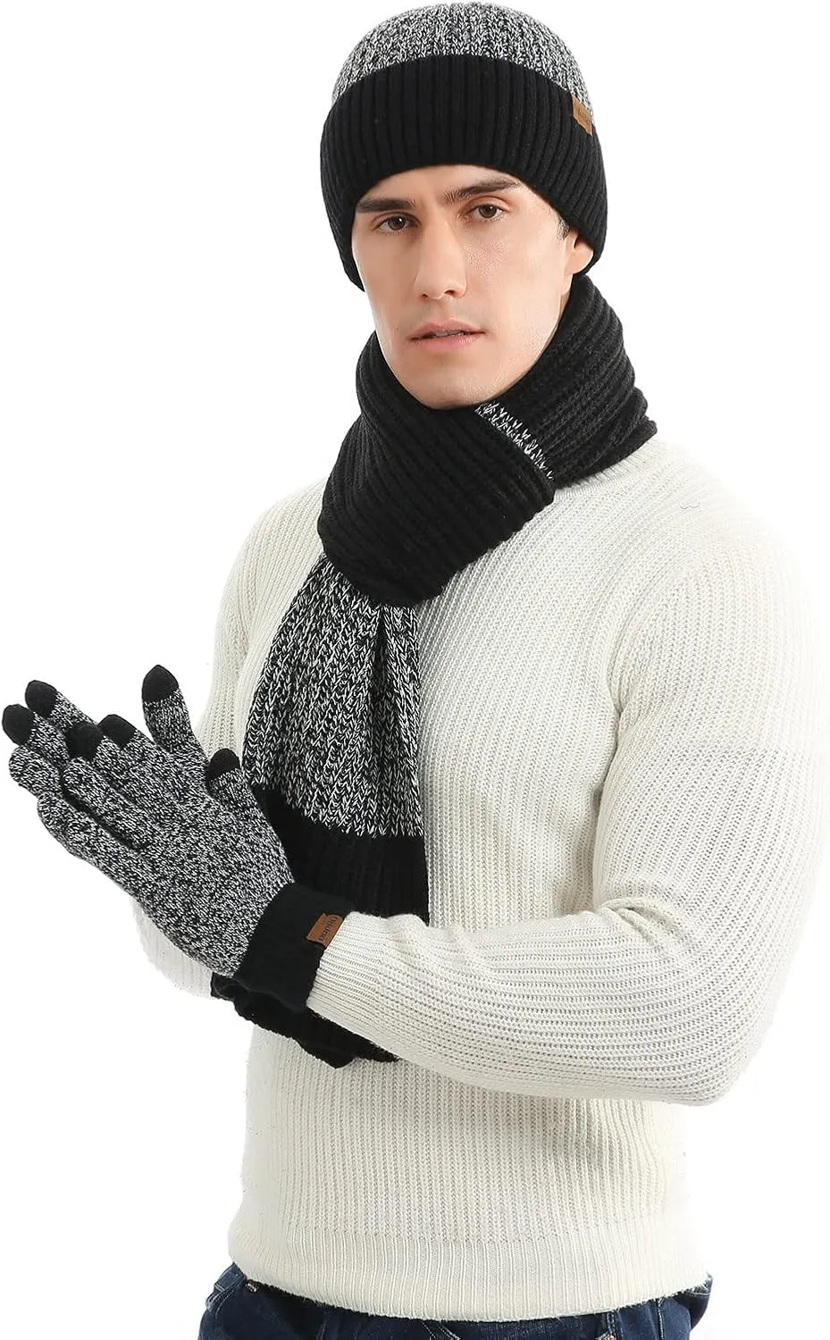tuduoms Knitted Beanie Hat Scarf Touch Screen Gloves Winter Set Themal Gloves Set Thick Hat Mittens 3 in 1 for Cold Weather