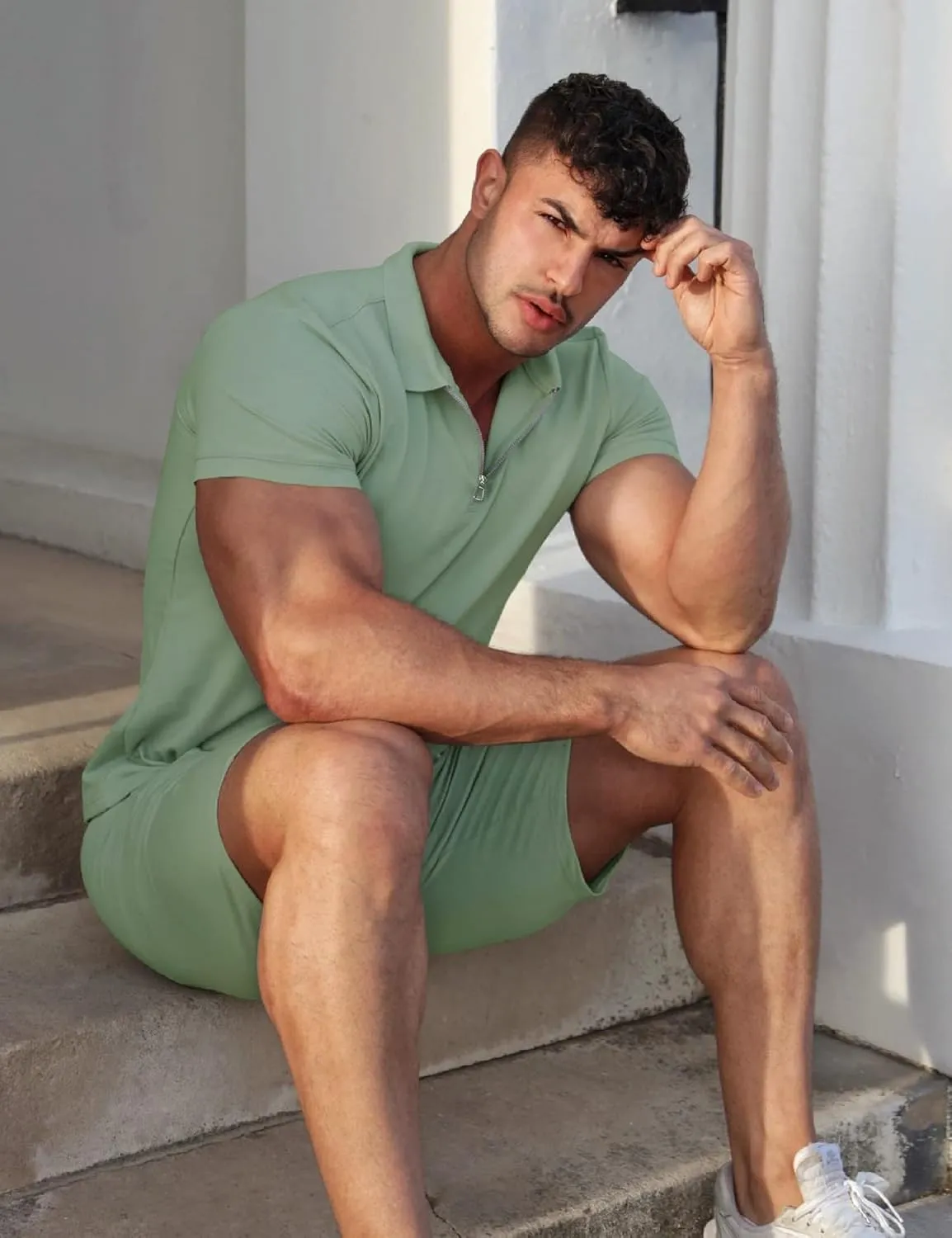 URRU Mens Short Sleeve Casual Polo Shirt and Shorts Sets Two Piece Summer Outfits Zip Polo Tracksuit Set for Men S-XXL