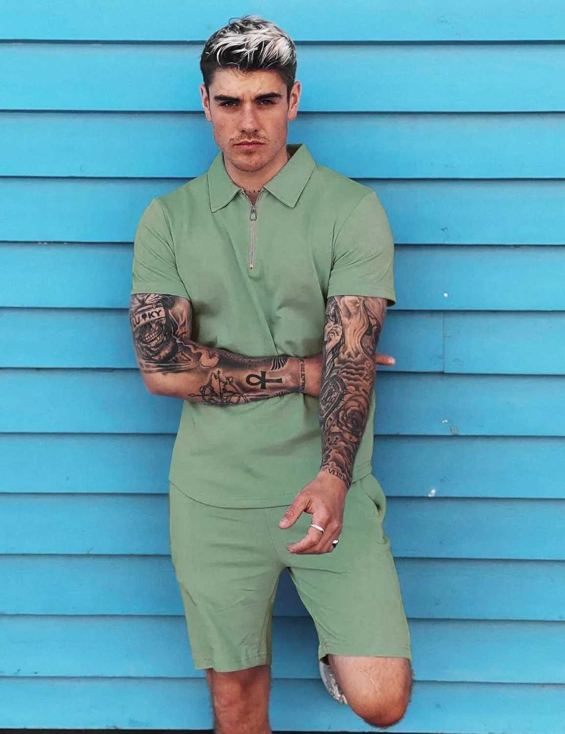 URRU Mens Short Sleeve Casual Polo Shirt and Shorts Sets Two Piece Summer Outfits Zip Polo Tracksuit Set for Men S-XXL