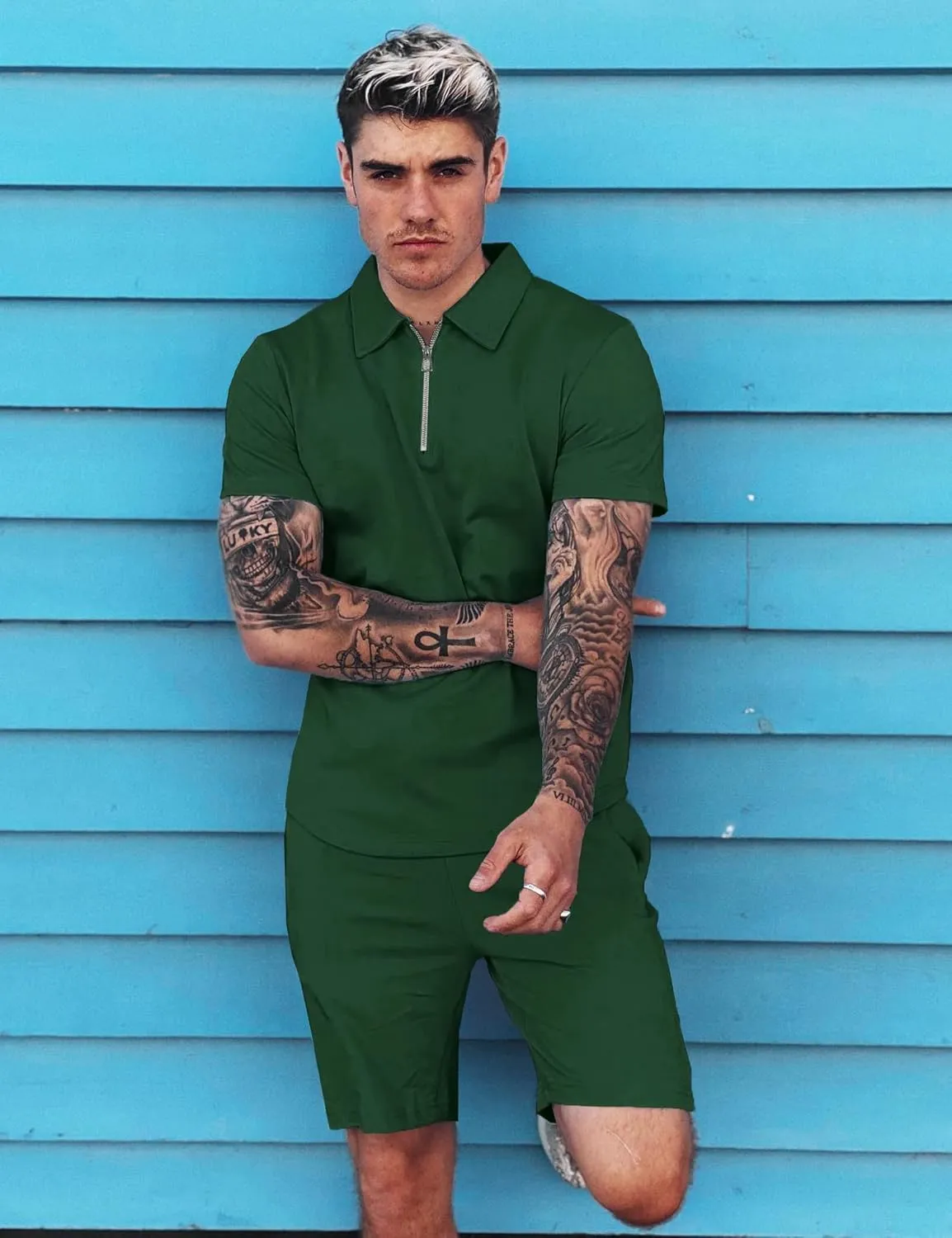 URRU Mens Short Sleeve Casual Polo Shirt and Shorts Sets Two Piece Summer Outfits Zip Polo Tracksuit Set for Men S-XXL