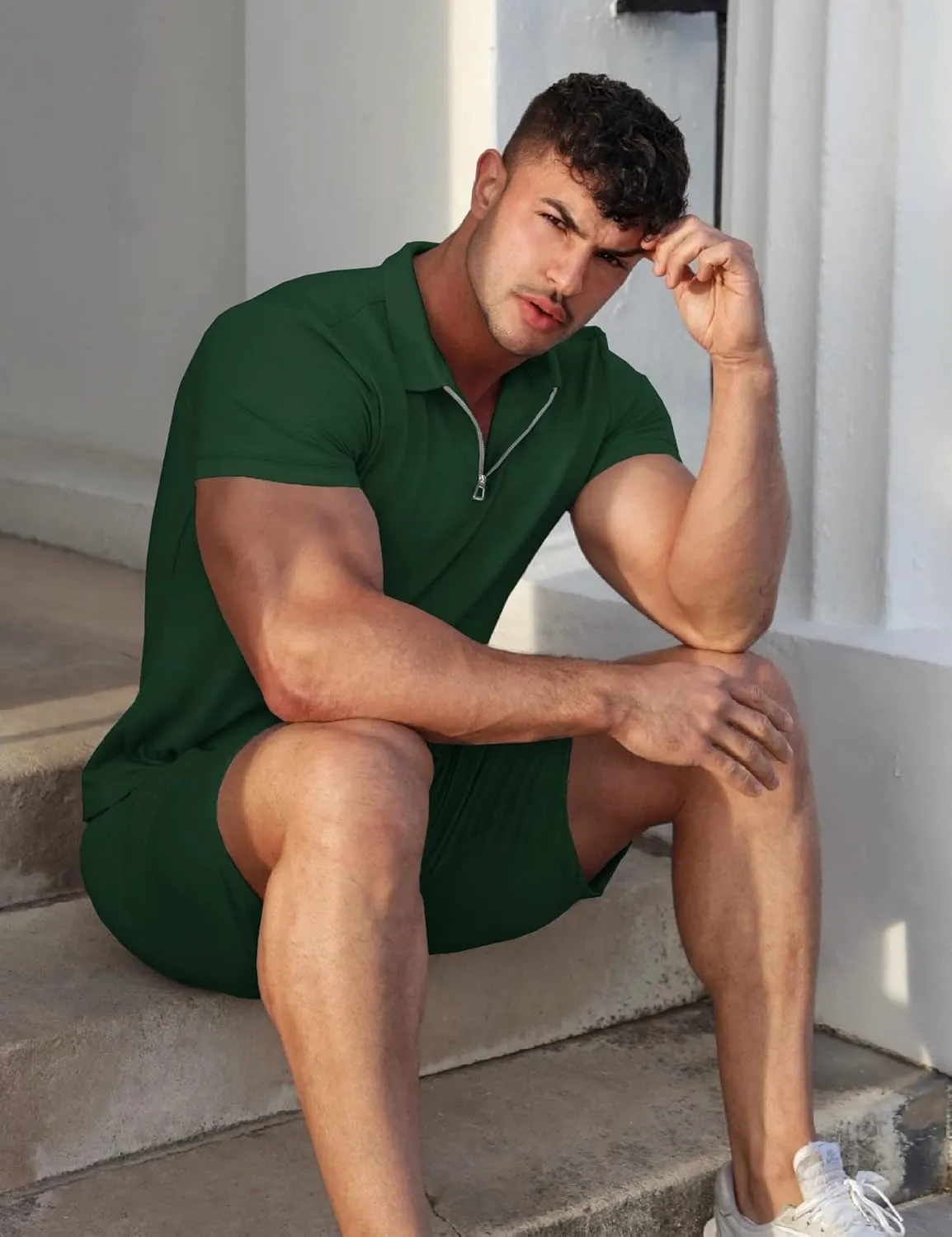 URRU Mens Short Sleeve Casual Polo Shirt and Shorts Sets Two Piece Summer Outfits Zip Polo Tracksuit Set for Men S-XXL