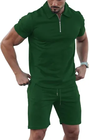 URRU Mens Short Sleeve Casual Polo Shirt and Shorts Sets Two Piece Summer Outfits Zip Polo Tracksuit Set for Men S-XXL