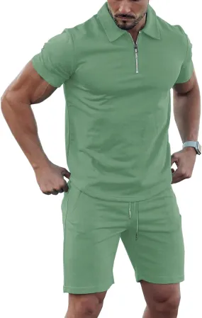 URRU Mens Short Sleeve Casual Polo Shirt and Shorts Sets Two Piece Summer Outfits Zip Polo Tracksuit Set for Men S-XXL