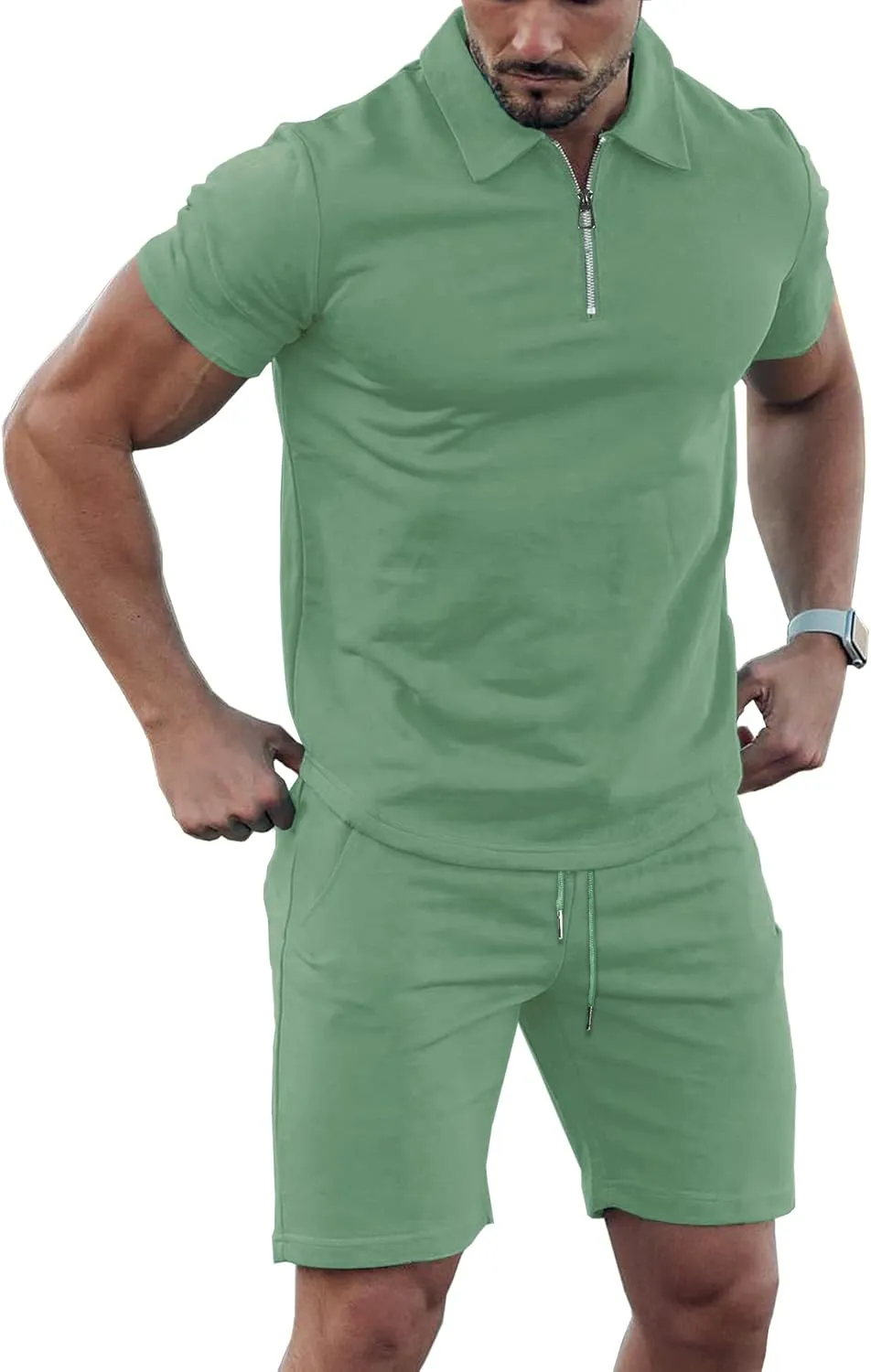 URRU Mens Short Sleeve Casual Polo Shirt and Shorts Sets Two Piece Summer Outfits Zip Polo Tracksuit Set for Men S-XXL