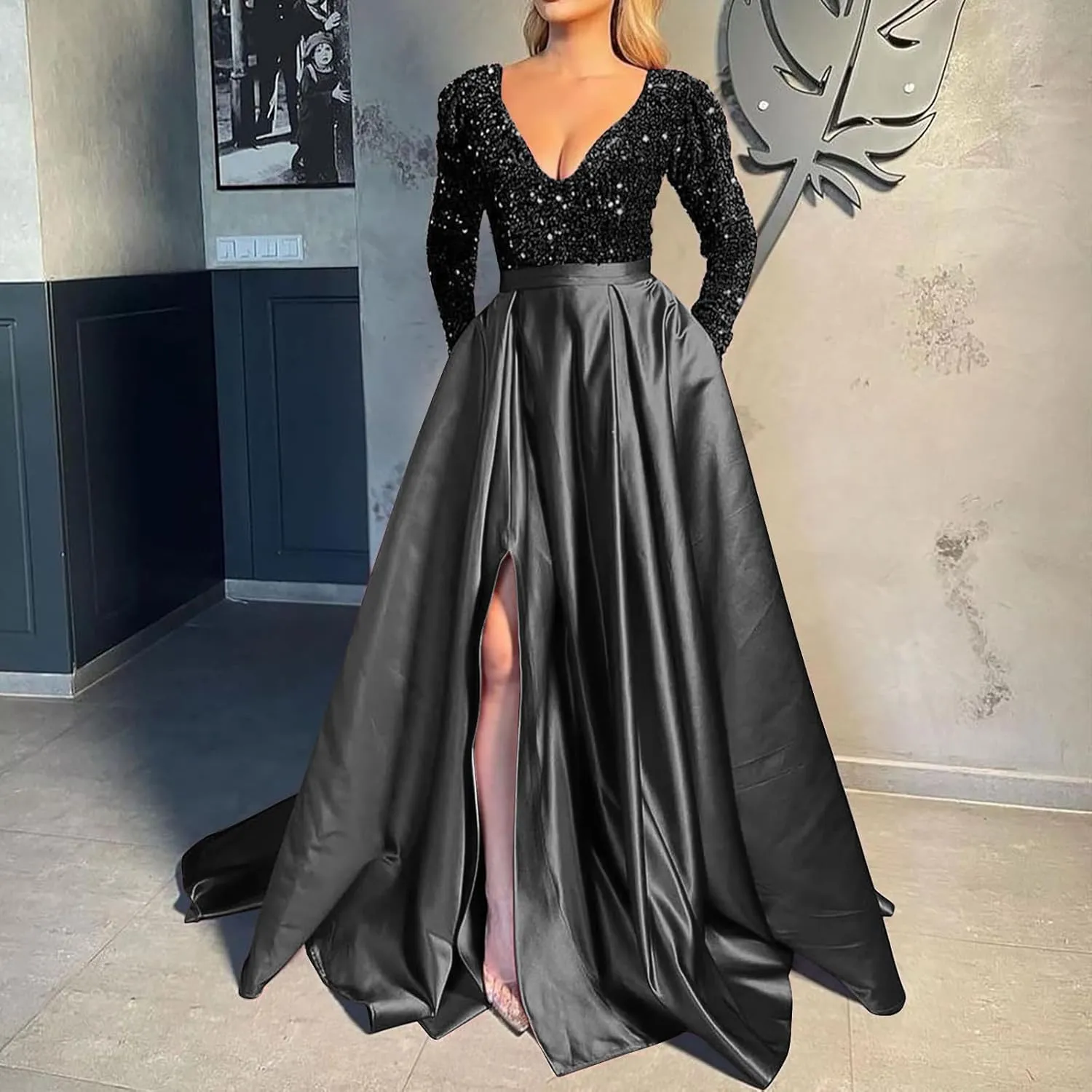 Women Sequin Satin Patchwork Party Dress V-Neck Long Sleeve Prom Dress Sexy High Slit Dress Formal Evening Gowns