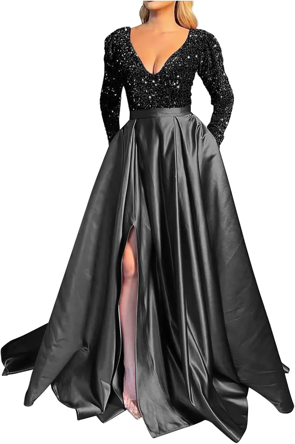 Women Sequin Satin Patchwork Party Dress V-Neck Long Sleeve Prom Dress Sexy High Slit Dress Formal Evening Gowns