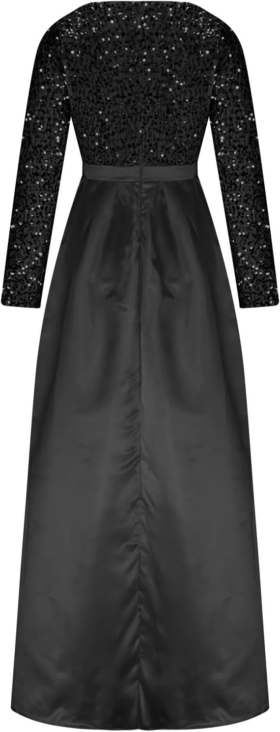 Women Sequin Satin Patchwork Party Dress V-Neck Long Sleeve Prom Dress Sexy High Slit Dress Formal Evening Gowns