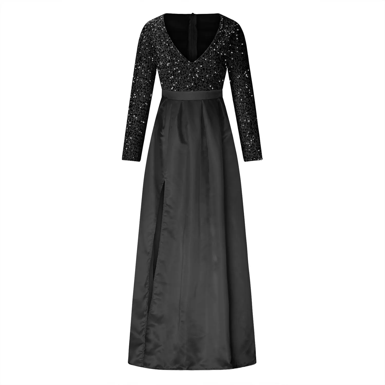 Women Sequin Satin Patchwork Party Dress V-Neck Long Sleeve Prom Dress Sexy High Slit Dress Formal Evening Gowns