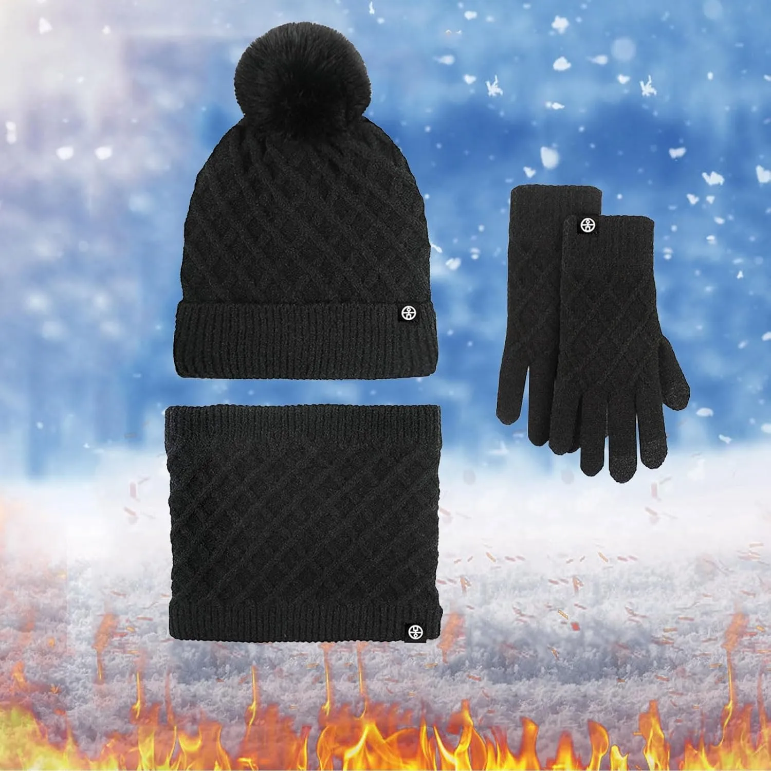 Women Winter Hat Warmer Scarf Touchscreen Gloves Set Warmer Neck Thick Knit Hat Set Gloves Scarf Set for Men
