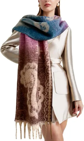 Women's Large Chunky Plaid Scarf Coloured Checked Oversized Scarf Tassel Soft Fall Winter Thick Warm Shawl