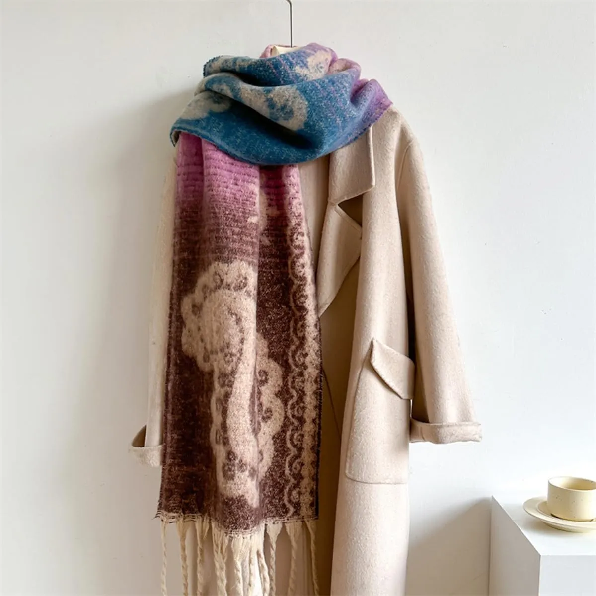 Women's Large Chunky Plaid Scarf Coloured Checked Oversized Scarf Tassel Soft Fall Winter Thick Warm Shawl