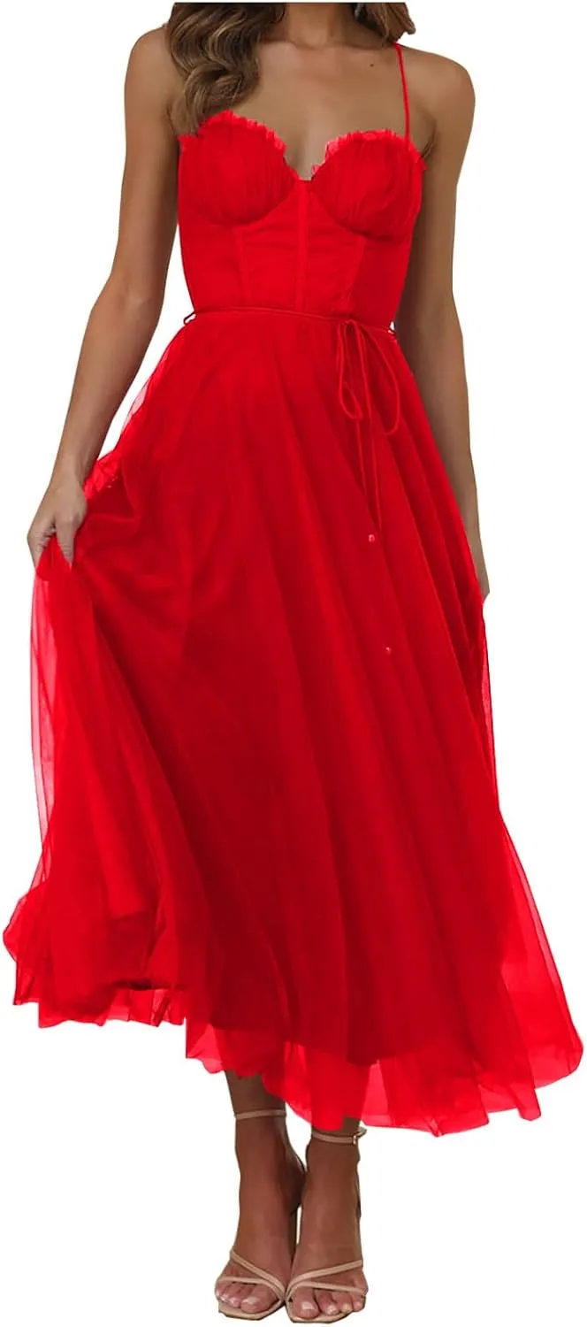 Womens Spaghetti Straps Tulle Prom Dress Tea Length Formal Party Evening Dress Flowy Wedding Guest Bridesmaid Dresses
