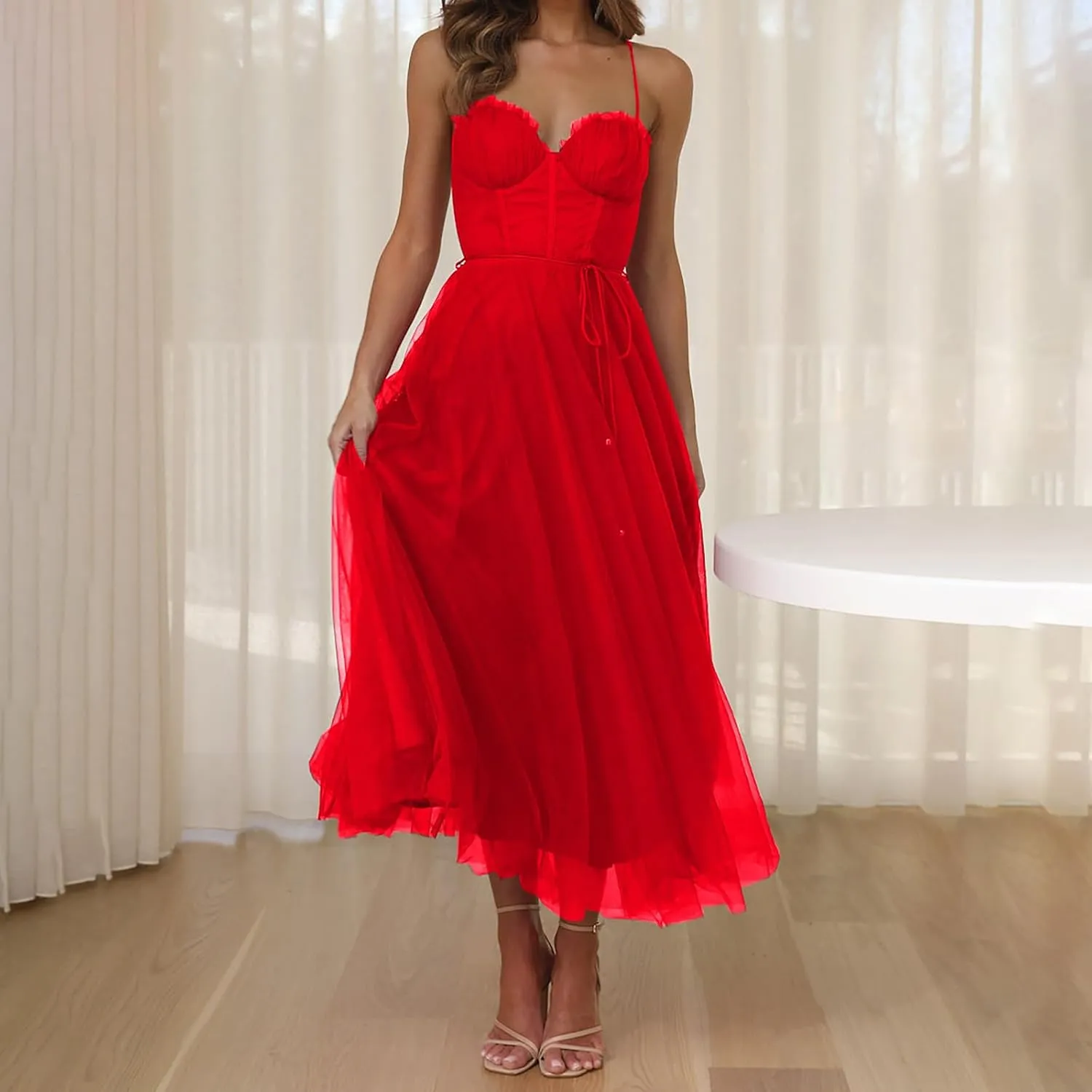 Womens Spaghetti Straps Tulle Prom Dress Tea Length Formal Party Evening Dress Flowy Wedding Guest Bridesmaid Dresses