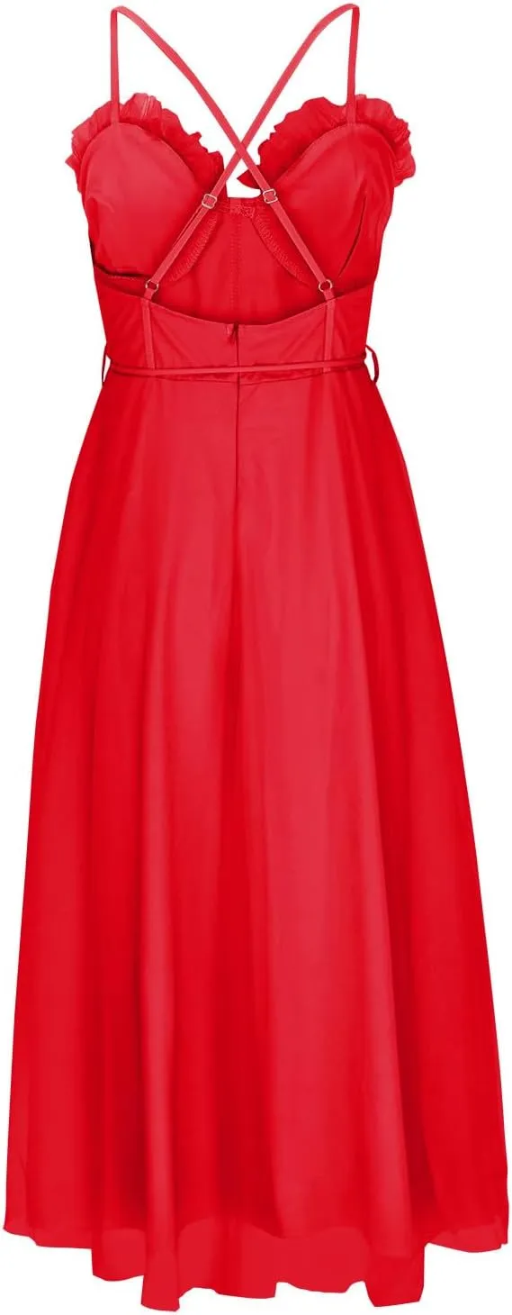 Womens Spaghetti Straps Tulle Prom Dress Tea Length Formal Party Evening Dress Flowy Wedding Guest Bridesmaid Dresses