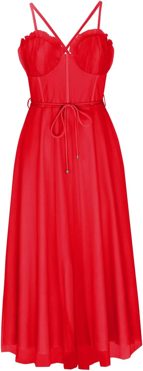 Womens Spaghetti Straps Tulle Prom Dress Tea Length Formal Party Evening Dress Flowy Wedding Guest Bridesmaid Dresses