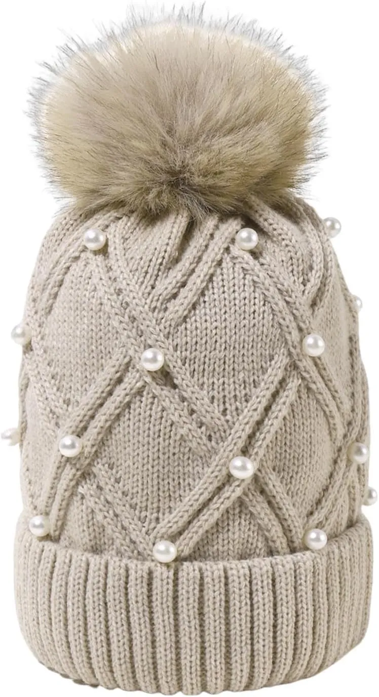 Womens Winter Beanie Hat with Pom Knit Skull Cable Cap Beanie Fashion Pearls Beanies Cap Baggy Warm Hats