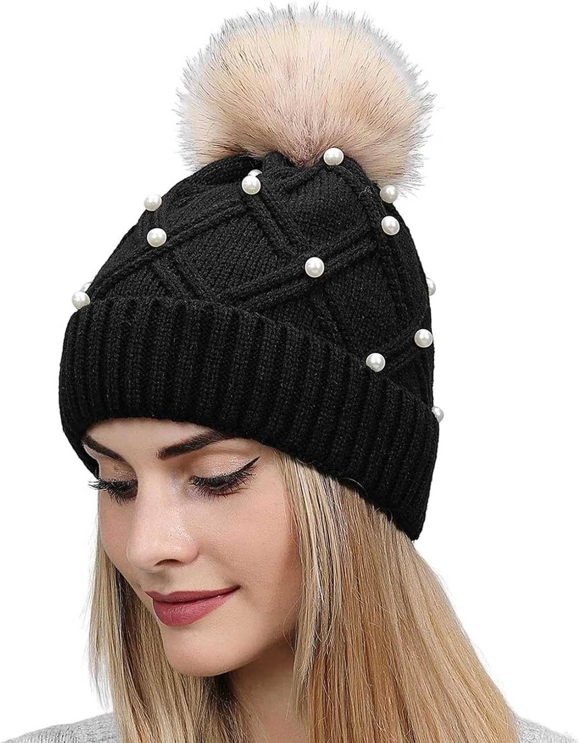 Womens Winter Beanie Hat with Pom Knit Skull Cable Cap Beanie Fashion Pearls Beanies Cap Baggy Warm Hats