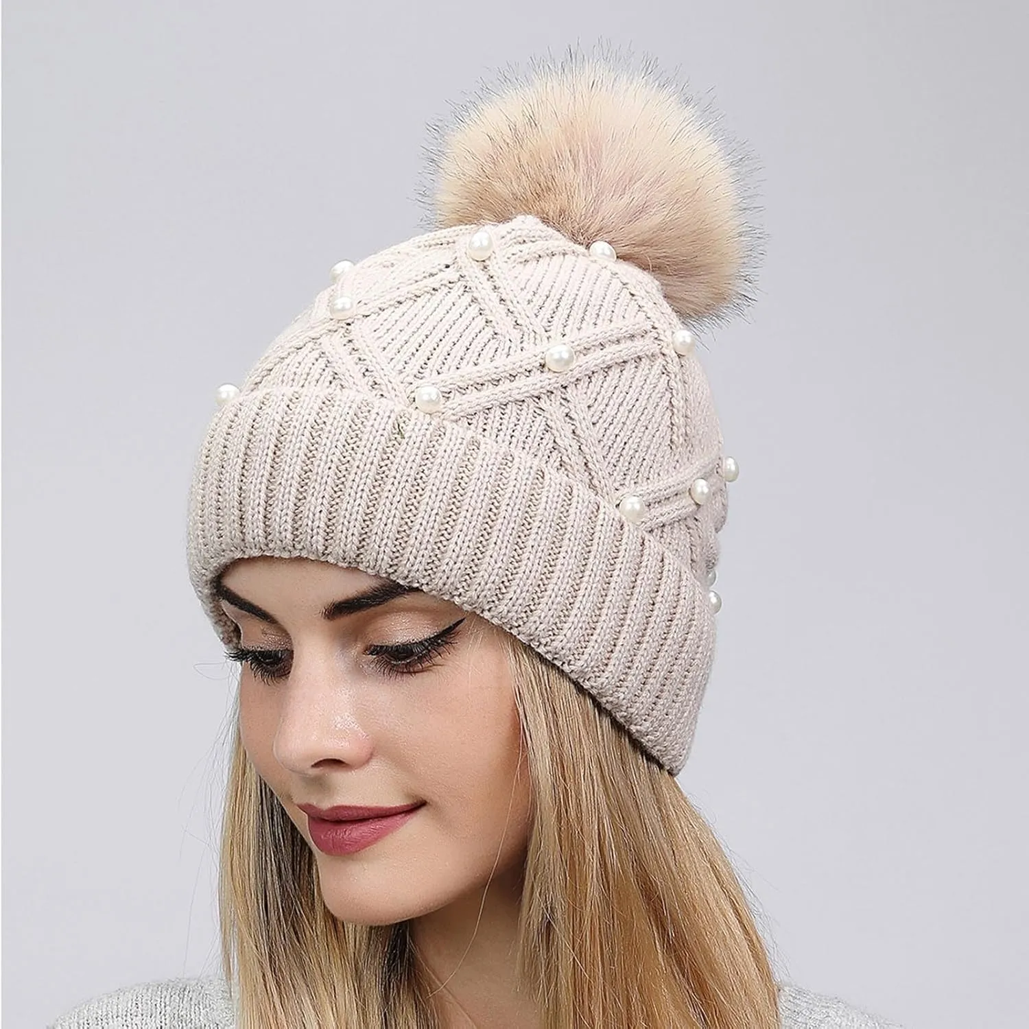 Womens Winter Beanie Hat with Pom Knit Skull Cable Cap Beanie Fashion Pearls Beanies Cap Baggy Warm Hats