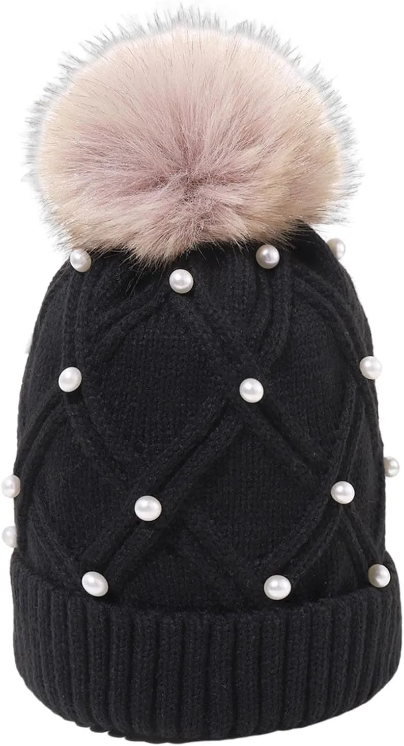 Womens Winter Beanie Hat with Pom Knit Skull Cable Cap Beanie Fashion Pearls Beanies Cap Baggy Warm Hats