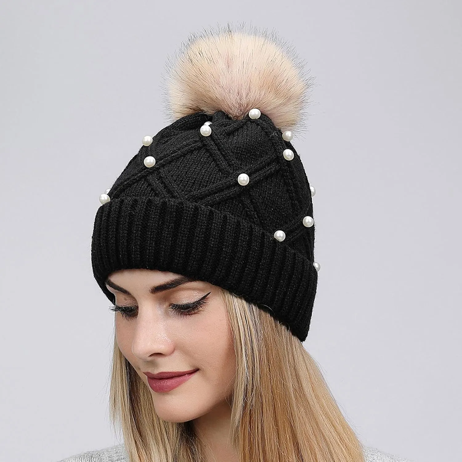 Womens Winter Beanie Hat with Pom Knit Skull Cable Cap Beanie Fashion Pearls Beanies Cap Baggy Warm Hats
