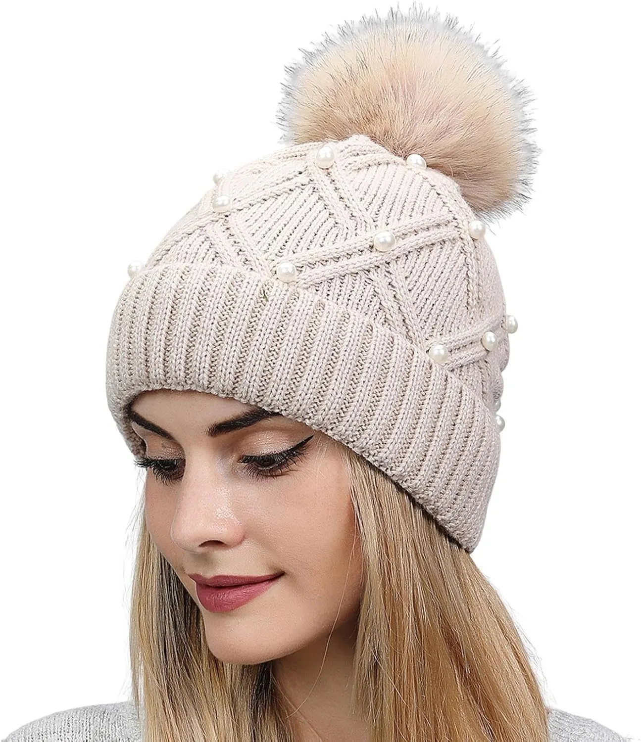 Womens Winter Beanie Hat with Pom Knit Skull Cable Cap Beanie Fashion Pearls Beanies Cap Baggy Warm Hats